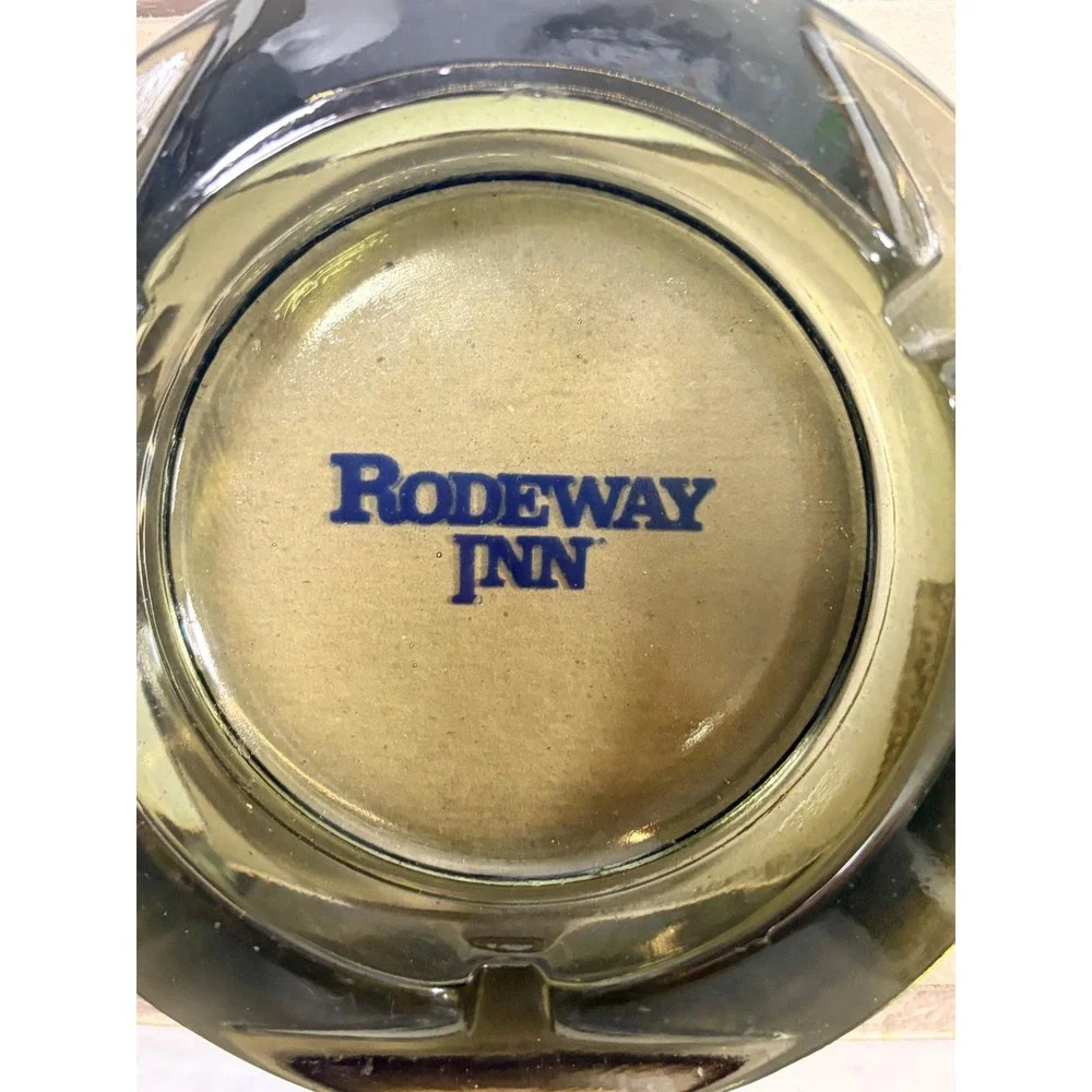 Rodeway Inn Vintage 1970s Smoky Amber Glass Ashtray MCM Hotel Memorabilia Rare